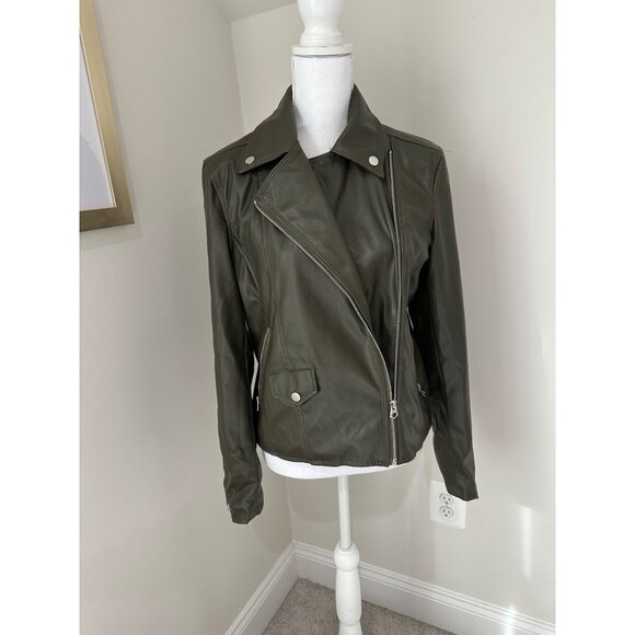 French Connection Womens Olive Green Faux Leather Moto Biker Jacket Size S - Picture 2 of 16